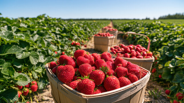 Fresh red strawberries filling harvest baskets between rows of green strawberry plants on a sunny farm