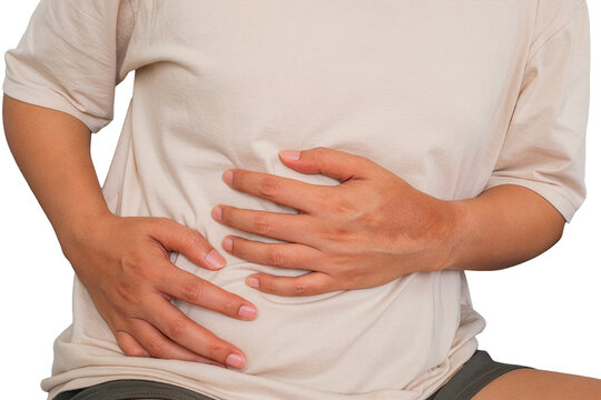 Abdominal pain showing a person holding the stomach due to discomfort for specialized medical treatment and digestive health illustration on transparent background.