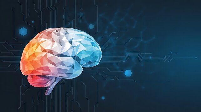 Abstract human brain made of geometric low poly shapes glowing on a dark blue background, with digital circuit, lines and floating, light nodes