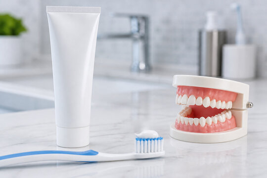 Detailed Close Up of Fluoride Toothpaste and Cavity Prevention Supplies in a Bright Modern Dental Clinic