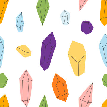 Seamless pattern of scattered colorful faceted crystal gems in random rotated positions on white. Flat vector illustration