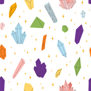 Seamless pattern of colorful faceted crystal gemstones scattered with orange sparkling stars on white. Flat vector illustration