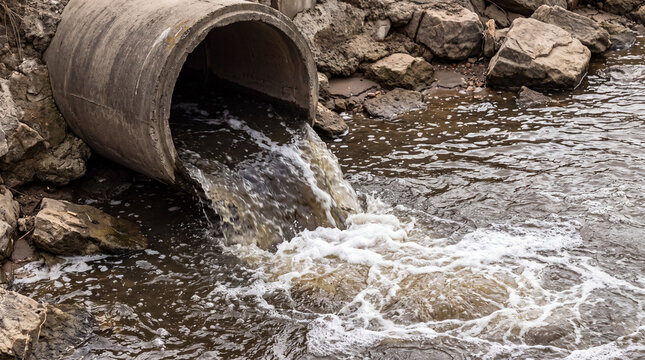 Polluted water flowing from a concrete drainage pipe, contaminating the river and impacting water quality