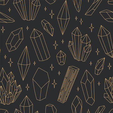 Seamless pattern of gold outline crystal gemstones and sparkling stars on a dark background. Flat vector illustration