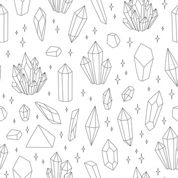 Seamless pattern of black outline crystal gemstones and sparkling stars on white background. Flat vector illustration