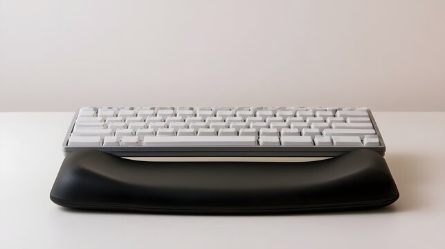 A white keyboard with a black ergonomic wrist rest on a plain white surface under soft lighting