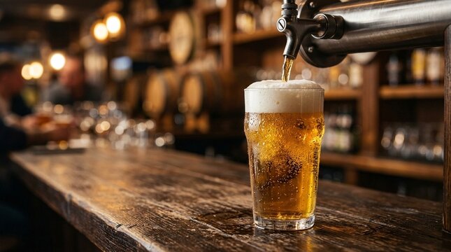 Golden draft beer pouring into frosted pint glass with thick white foam on rustic pub wooden counter with copy space