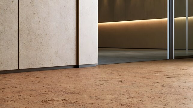 A modern interior space featuring cork flooring  textured wall panels  and ambient lighting through a glass partition