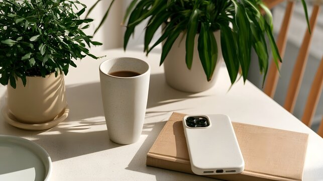 A minimalist table scene with a cup of coffee  two potted plants  and a smartphone resting on a notebook under natural light