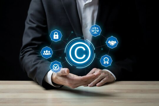 Businessman presenting a copyright protection digital interface with legal and security icons