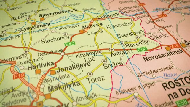 gliding camera over road network map from donetsk to luhansk, ukraine