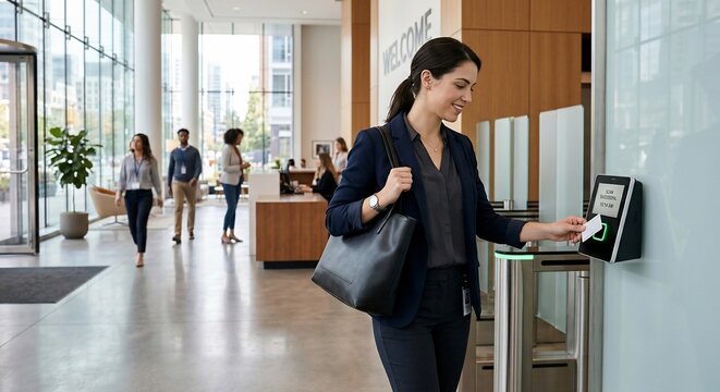 Professional woman scanning security badge at modern office entrance gate