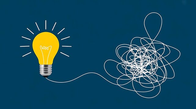 Creative concept showing a bright yellow light bulb connected to a complex tangled white line representing problem solving and finding a clear idea