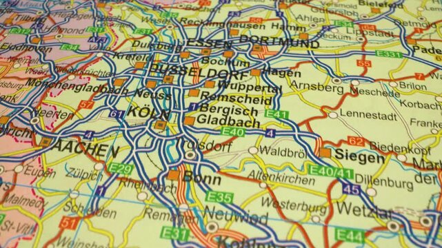 smooth camera movement across atlas map from frankfurt to dusseldorf, germany