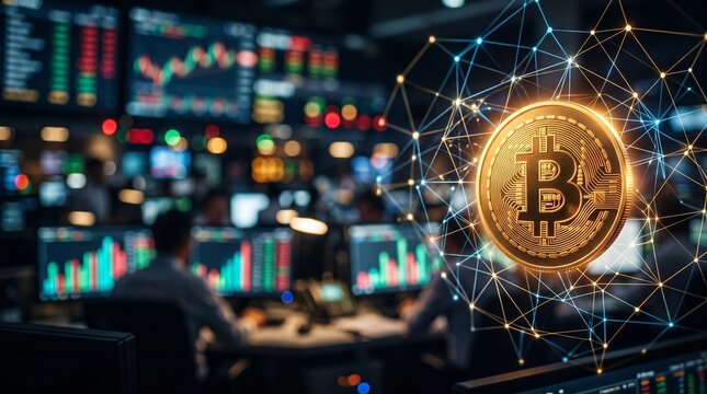 Close up of a glowing 3D golden Bitcoin with digital network lines and blurred trading screens background, copy space for blockchain and cryptocurrency concept
