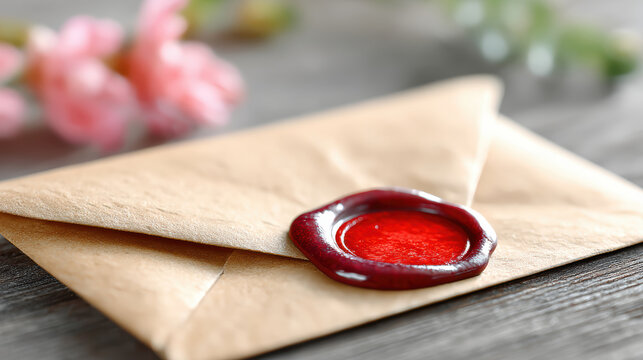 Sealed envelope with red wax seal and blurred floral background for wedding invitation mockups vintage stationery and romantic correspondence design layouts