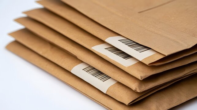Stack of brown paper envelopes with barcode labels  neatly arranged on a clean white surface  showing texture and functional design