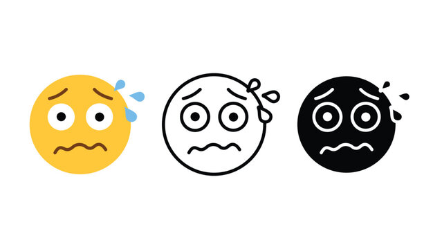 Anxious worried face emoji emotion icon set outline silhouette and color vector isolated on white background
