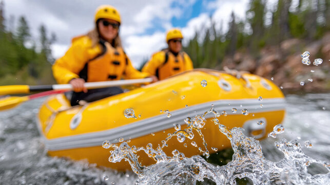 Yellow inflatable raft with paddlers and splashing water captured low angle for river adventure poster and background design