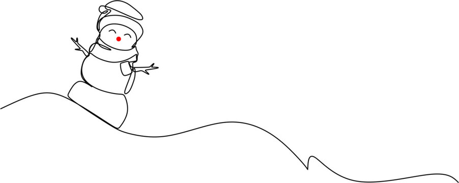 Continuous one line drawing of cute snowman on snow hill, Christmas winter holiday character concept vector illustration