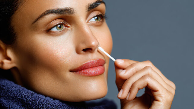 Woman applying cotton swab to nostril holding stick near face in closeup grooming routine studio setting