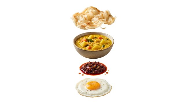 Exploded view of Malaysian roti canai with curry dips on white background for food marketing