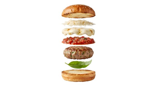 Exploded stacked burger with meatballs, cheese, and fresh basil layers mid-air on white background