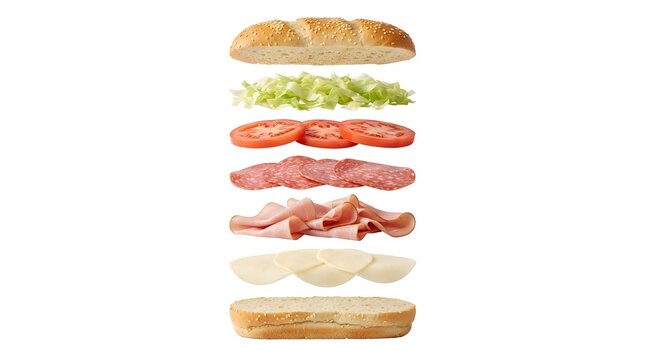 Stacked deli sandwich with fresh lettuce, tomato, and meat layers on white background