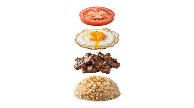 Filipino tapsilog breakfast set with fried egg, garlic rice, and tomato slices on white plate
