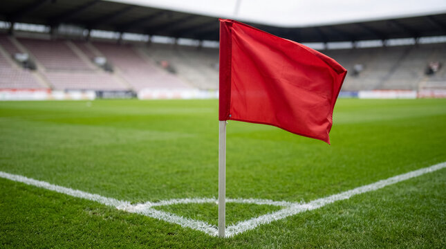 Red corner flag marking the pitch corner on a green grass soccer field with blurred empty stadium stands