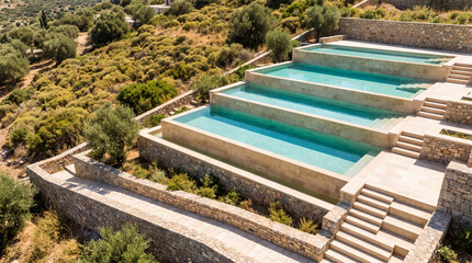 Fototapeta premium Terraced infinity pools and stone walls creating a luxury resort landscape on a hillside with lush vegetation