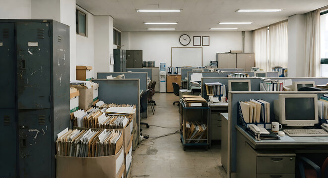 Empty Retro 1990s Korean Office Interior with Archive Paper Boxes and Old Computers