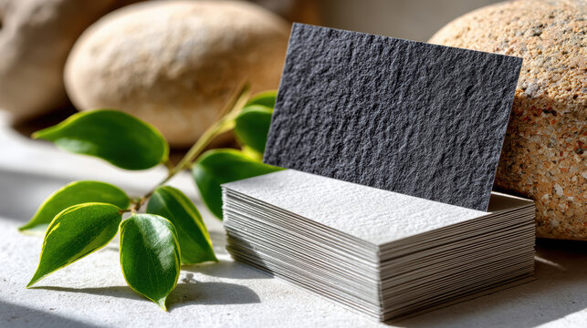 Business card sleeve mockup with textured paper stack beside natural stones and green leaves for branding presentation and packaging design
