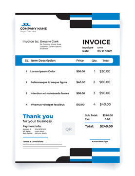 Modern blue and black business invoice template vector layout for corporate billing.