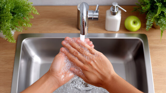 Top view of hands washing with soap at stainless sink for hygiene and healthcare background poster and public health design