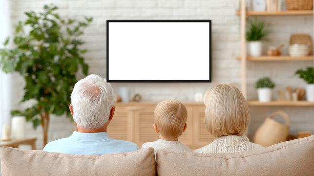 Rear view family watching blank television screen in modern living room mockup for tv presentation and advertising background
