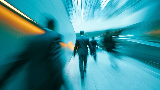 Business professionals rushing through modern city environment. Business people walking with motion blur in a dynamic urban setting