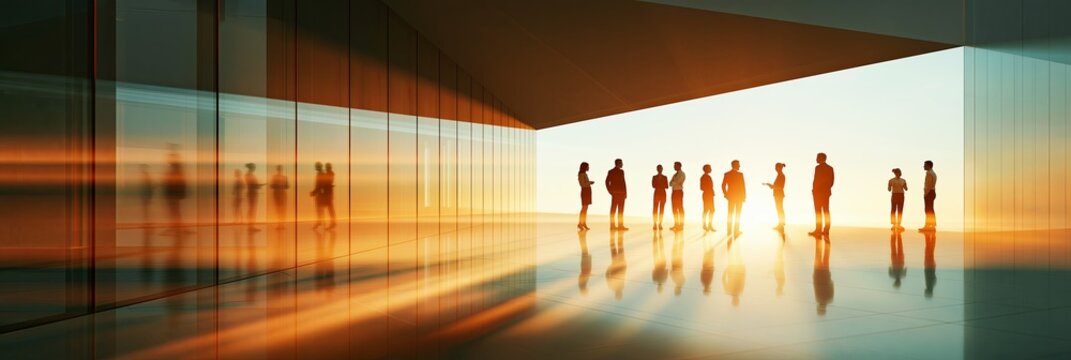 Business people discussing ideas in modern office building. Business professionals collaborating in a contemporary office setting with vibrant light streaks