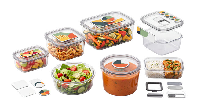 Reusable glass food storage containers set, airtight meal prep boxes with lids, kitchen organization for healthy lunch planning isolated PNG with Transparent Background