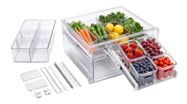 Clear plastic refrigerator organizer drawers, transparent kitchen storage bins with fresh produce, modular fridge organization system isolated PNG with Transparent Background