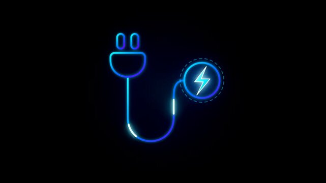 Neon electric plug icon animation with lightning bolt symbol for energy and power concepts