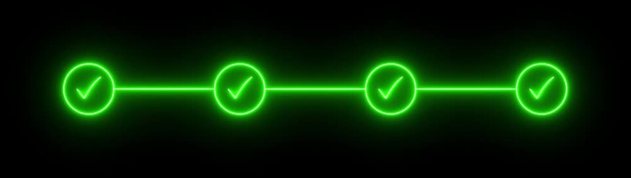 Green neon check mark on black background, checkmark animation symbol, yes approve choice, approved tick mark, verified symbol, yes icon, check mark flat style