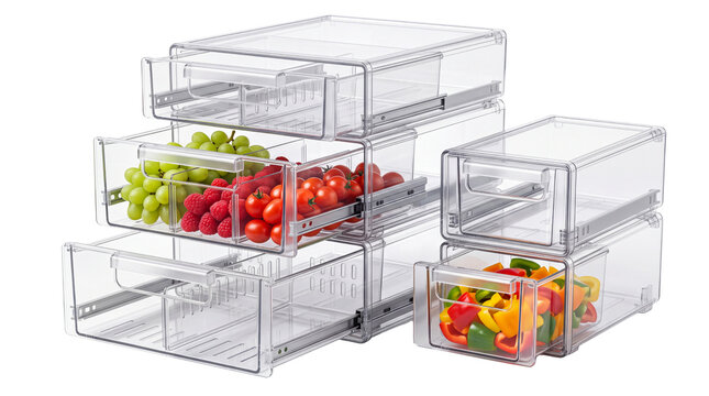 Clear acrylic refrigerator organizers with drawers, stackable plastic kitchen storage bins for food, transparent pantry containers isolated PNG with Transparent Background