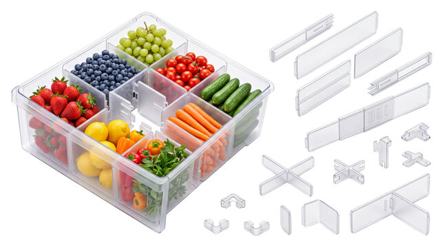 Clear plastic refrigerator organizer with adjustable dividers, modular food storage container for fresh produce and vegetables isolated PNG with Transparent Background