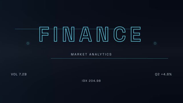Futuristic digital finance market analytics dashboard interface with glowing blue neon typography