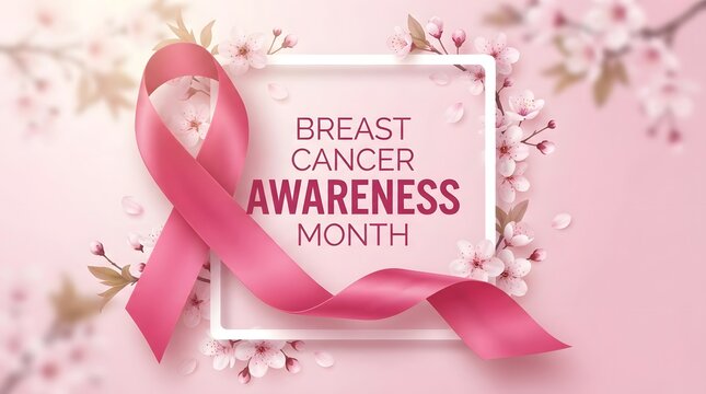 A beautiful composition featuring a pink ribbon representing the breast cancer awareness month pink ribbon campaign with soft floral accents on a delicate light background
