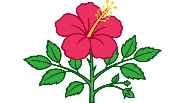 Bright red hibiscus flower with green leaves vector illustration isolated on white