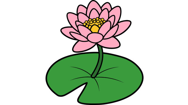 Pink lotus flower blooming on green lily pad aquatic plant vector illustration