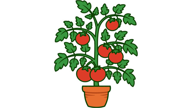 Cartoon illustration of a tomato plant with ripe red tomatoes growing in a pot