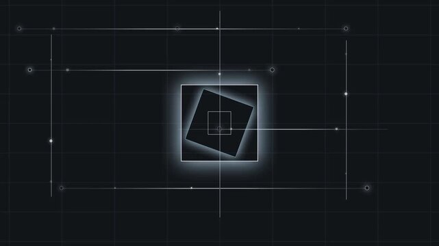 Abstract geometric squares rotating within glowing digital grid interface motion graphic background